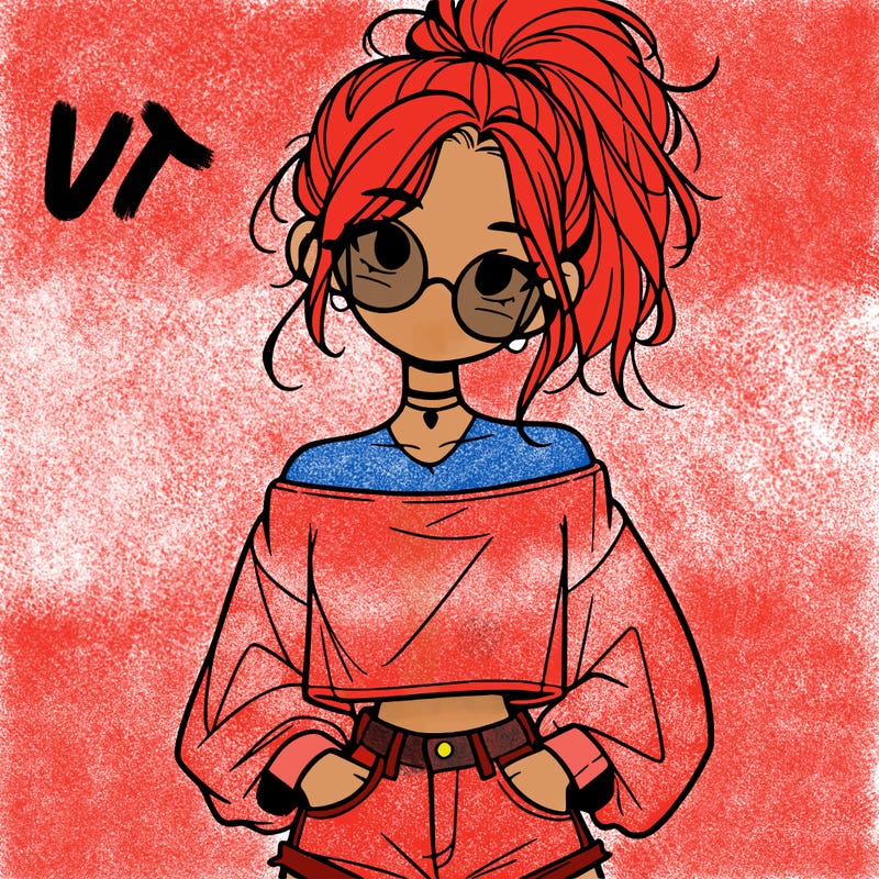 girl with a messy ponytail glasses a baggy crop top and jean shorts