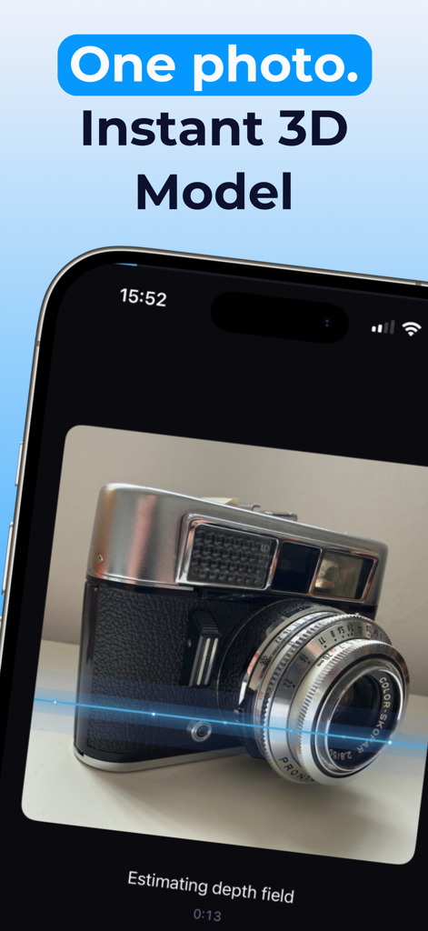 A smartphone app interface showing the conversion of a vintage camera photo into a 3D model using AI depth estimation.