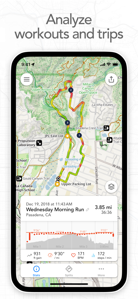 Footpath app screenshot showing a mapped running route in Pasadena with workout statistics including pace, heart rate, and elevation gain.