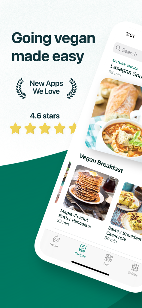 Simple Vegan app screen showing vegan recipes like lasagna soup and peanut butter pancakes with a 4.6 star rating