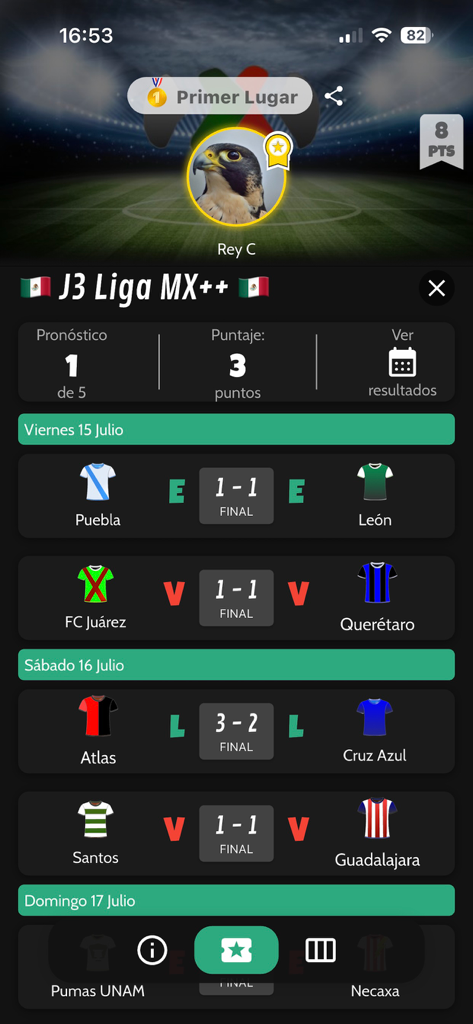 Quiniela PRO - Quiniela PRO mobile app interface showing Liga MX match scores and user leaderboard