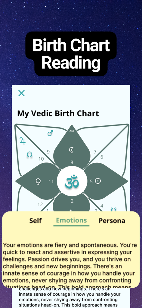 AstroVeda: Your Astrology Guru - AstroVeda app screenshot showing a personalized Vedic birth chart and emotional personality analysis.