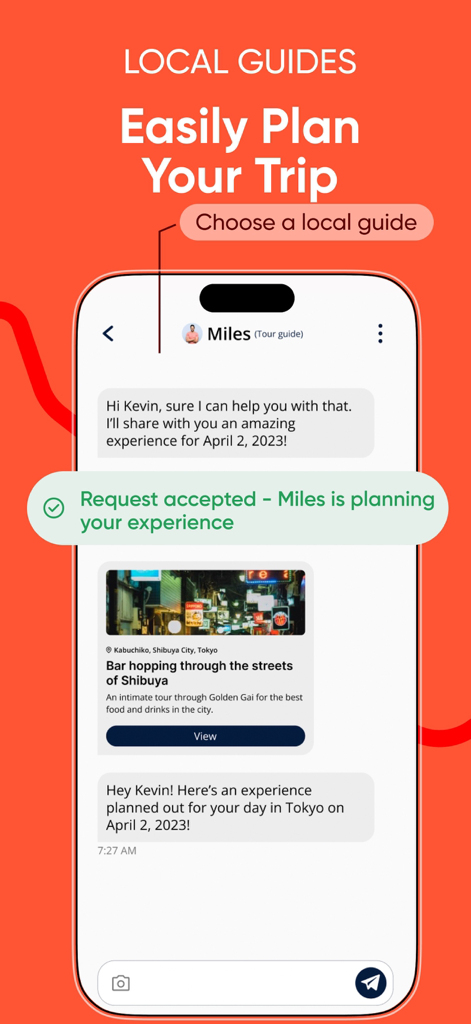 A chat interface in the ALLMYNE app showing a local guide named Miles planning a trip to Shibuya Tokyo for a user.