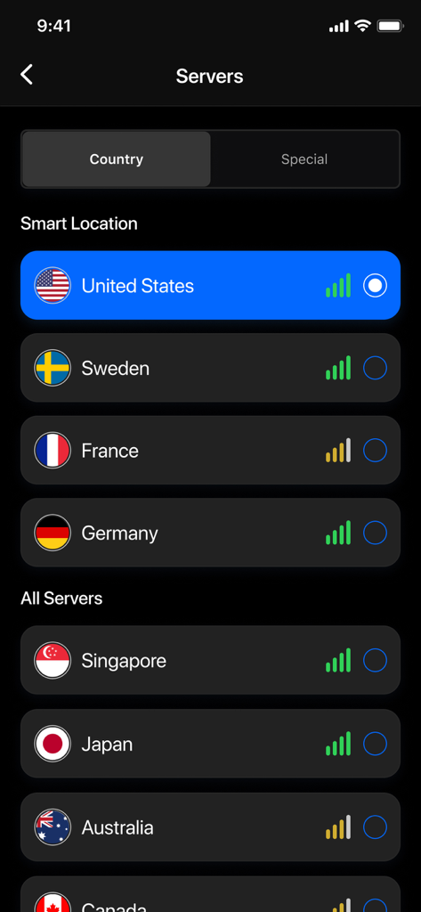 Secure VPN & Fast Proxy Master - 미국, 싱가포르, 일본 등 전 세계 서버 위치 목록을 보여주는 안전한 VPN 앱 인터페이스