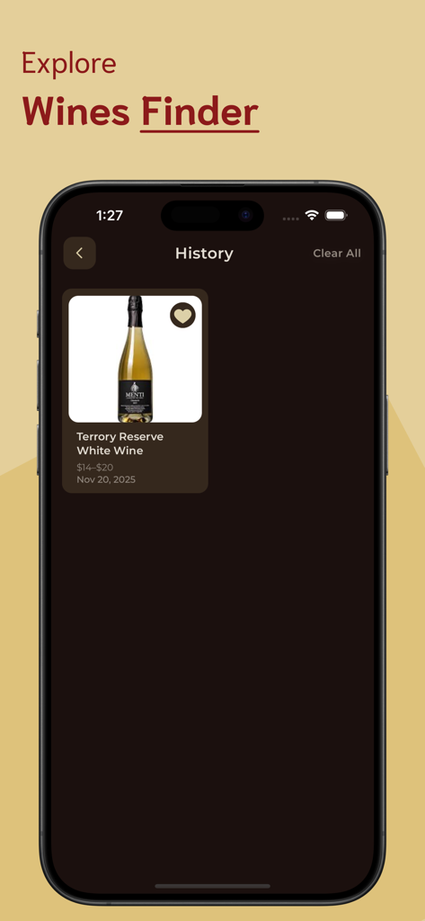 Wine Identifier - Screenshot dell'app Identificatore di Vini che mostra la pagina della cronologia delle scansioni con una bottiglia di vino bianco salvata.