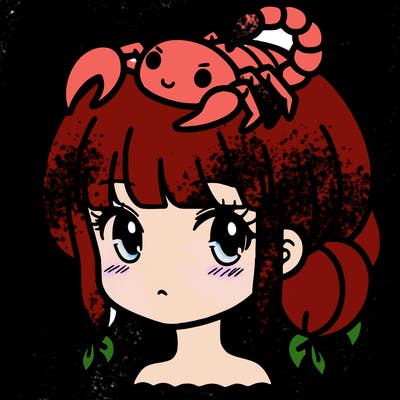 a girl with a scorpion on her head