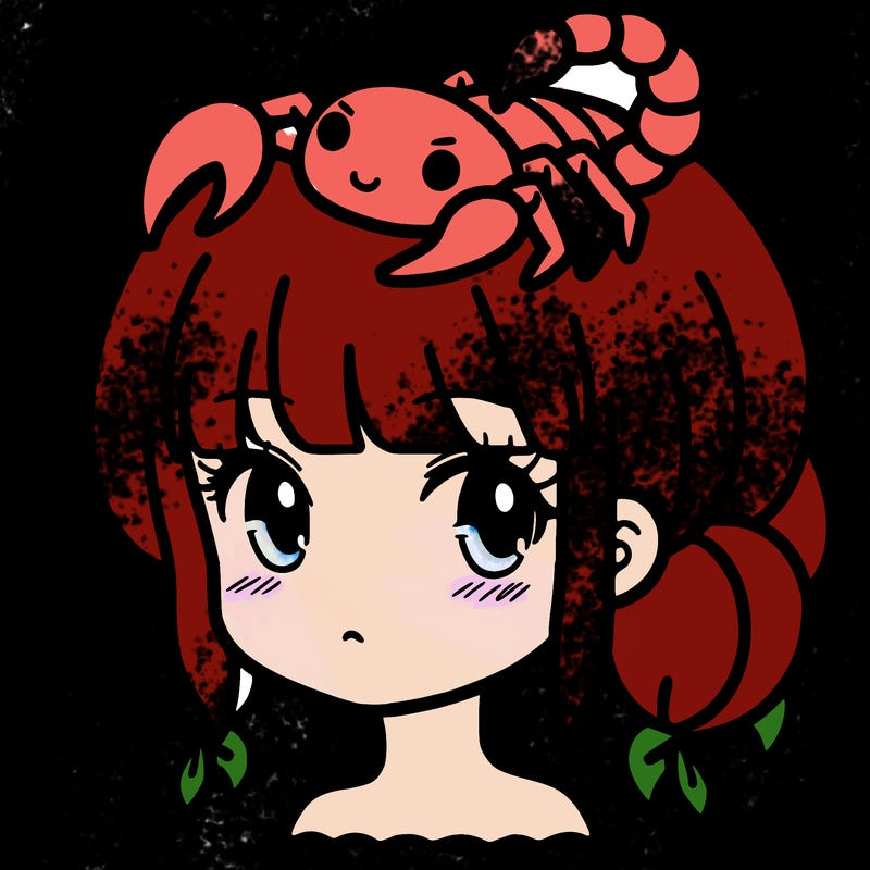 a girl with a scorpion on her head