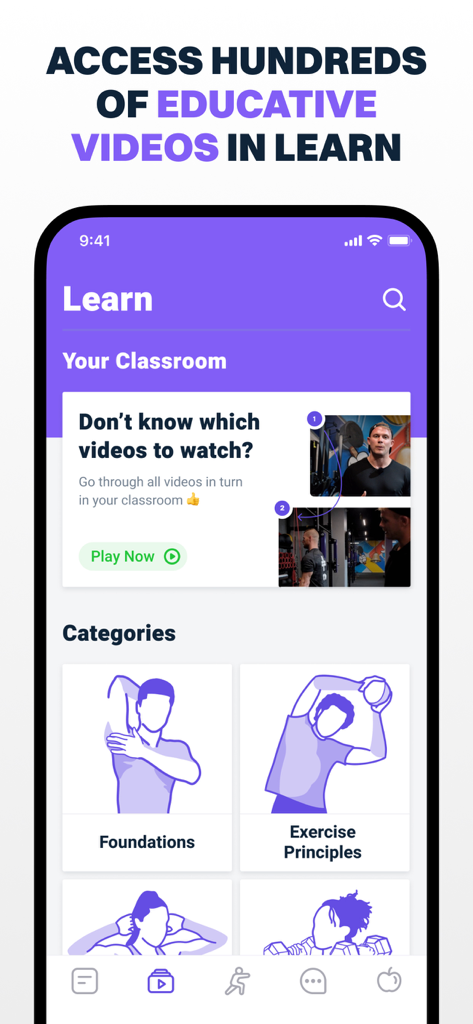 James Smith Academy - James Smith Academy app Learn screen showing educational fitness videos and exercise categories.