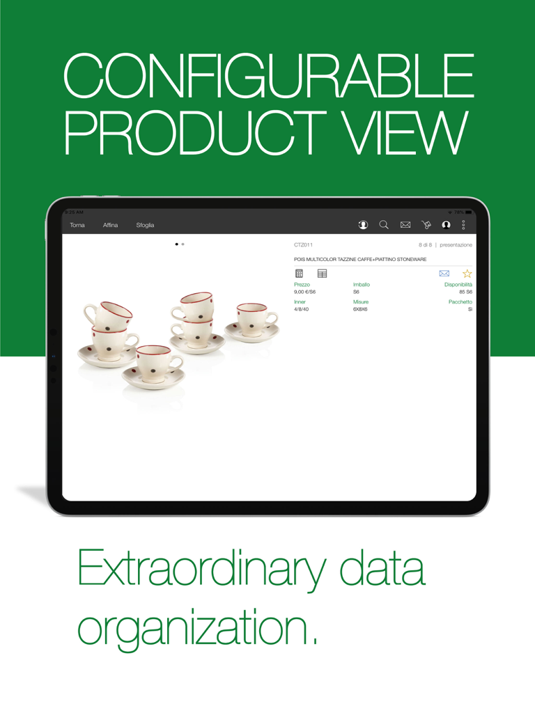 iCatalogue 4 - iPad showing the iCatalogue 4 app featuring a configurable product view with organized sales data for field professionals.