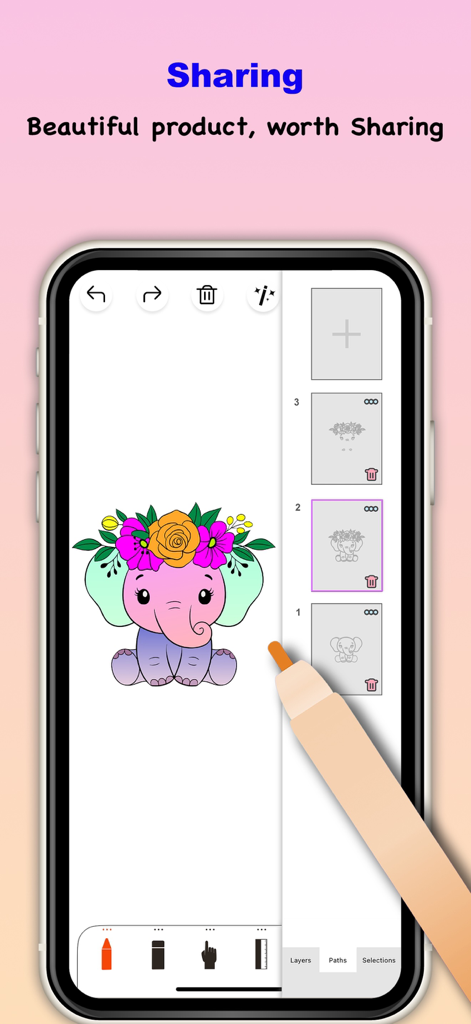 Mobile drawing app interface showing a cute elephant illustration and layers menu