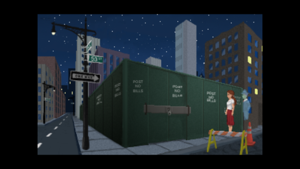 Blackwell 2: Unbound - Pixel art of Lauren Blackwell and spirit guide Joey Mallone at a construction site in 1970s New York City at night