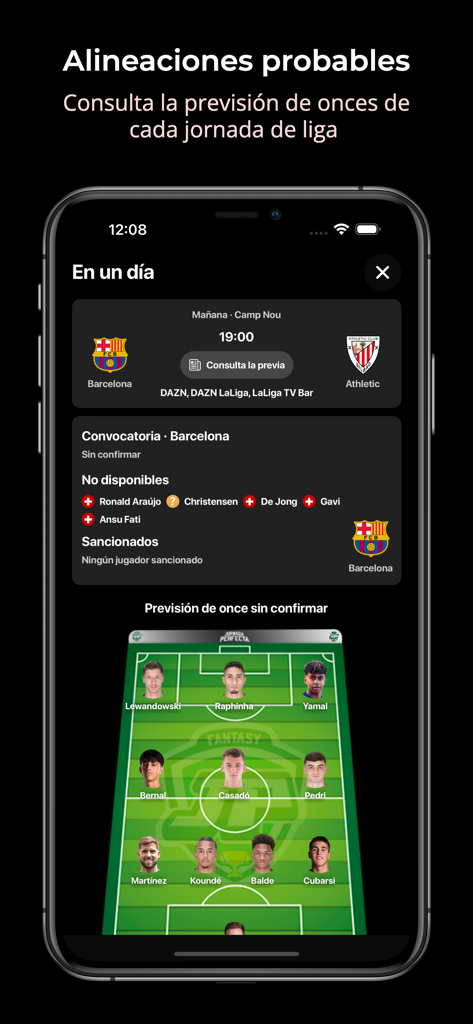 Jornada Perfecta Fantasy - Predicted lineups and player injury updates for a LaLiga match in the Jornada Perfecta Fantasy app