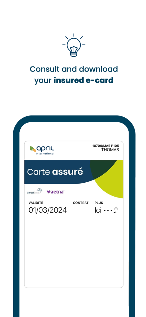 A digital insurance e-card displayed on a smartphone screen within the APRIL International app