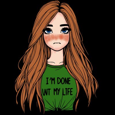 realistic girl with long hair and a shirt saying i'm done with my life