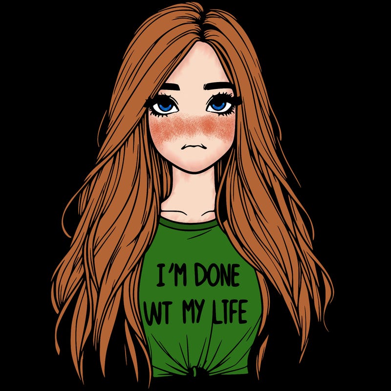 realistic girl with long hair and a shirt saying i'm done with my life