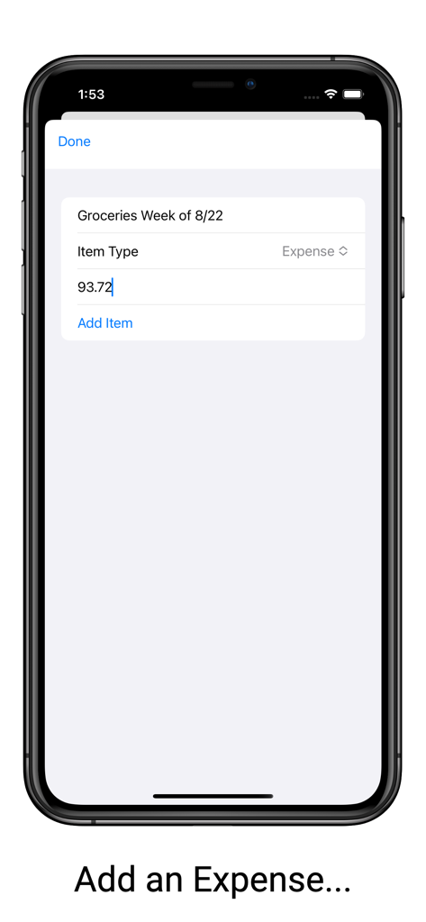 Budgeter - A Simple Budget - Manual expense entry screen in the Budgeter app showing a grocery transaction.
