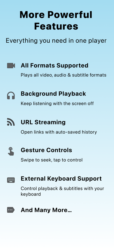 SubX Player – Dual Subtitles - Une liste des fonctionnalités de SubX Player, y compris la prise en charge de tous les formats, la lecture en arrière-plan et les commandes gestuelles