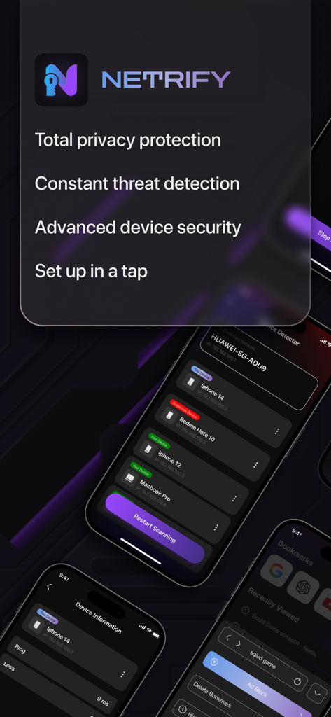 Netrify app screens displaying privacy protection features device scanning and ad blocking tools