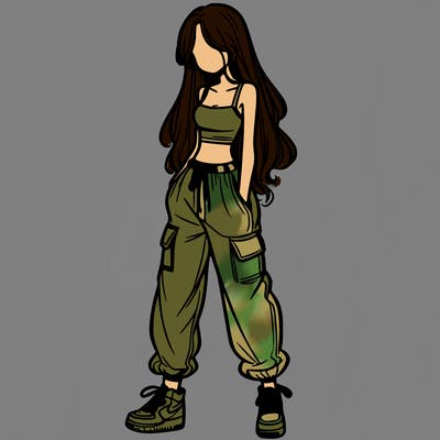 girl in baggy pants crop top and long hair