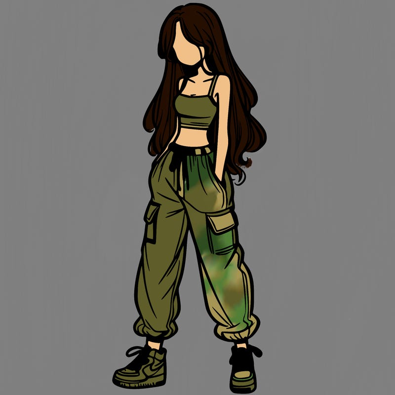 girl in baggy pants crop top and long hair