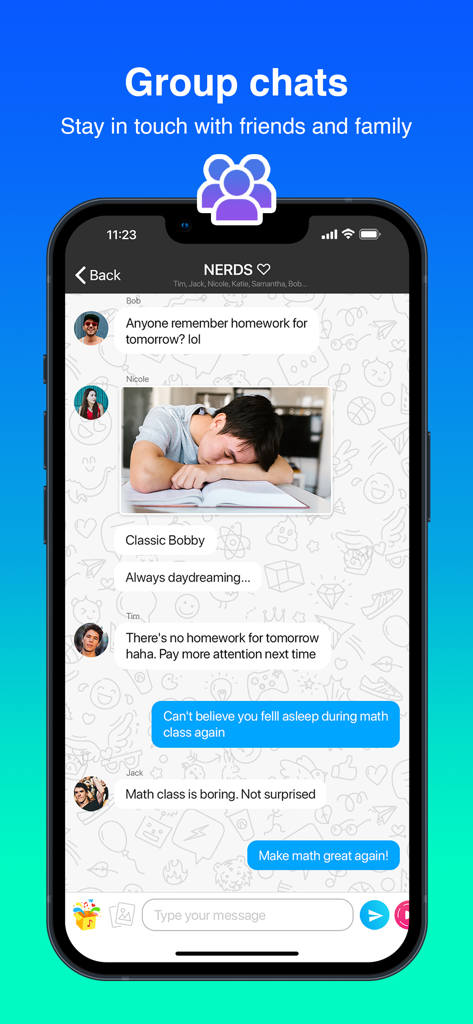 Mint Messenger app interface displaying a group chat conversation with photos and messages