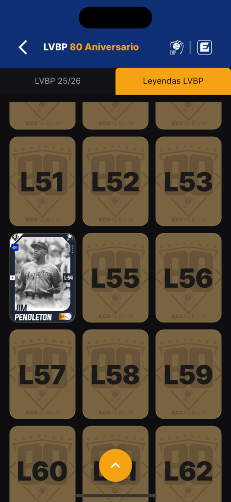 LVBP 80 - Álbum digital de cartas coleccionables de béisbol de la aplicación LVBP 80 que muestra una carta de leyenda revelada y marcadores de posición.