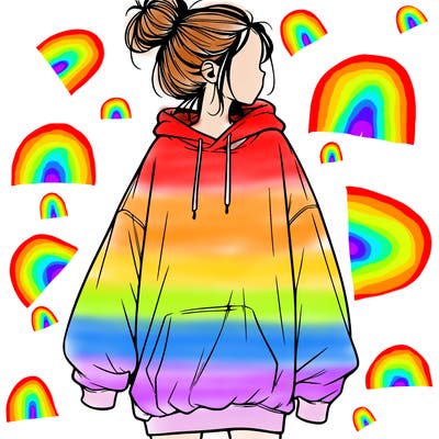 realistic girl with a oversized sweatshirt on and a bun
