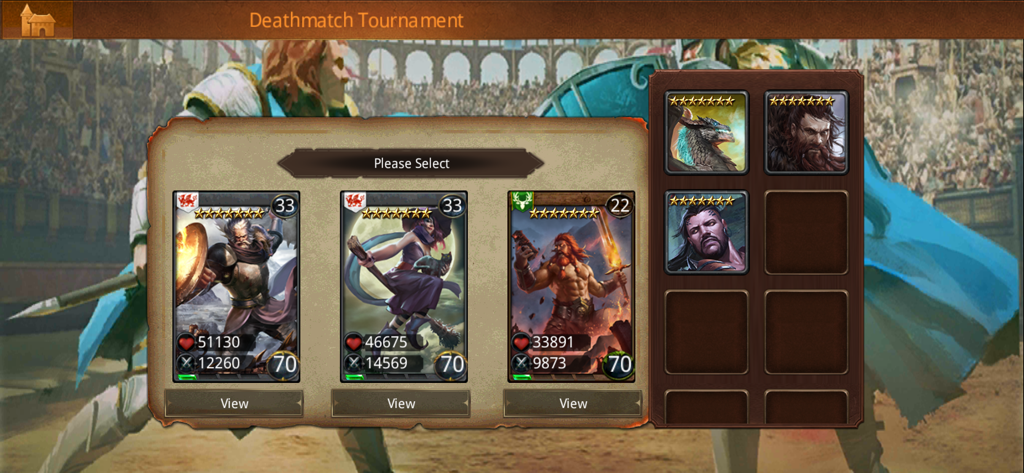 Heroes of Camelot - Hero card selection screen for a Deathmatch Tournament in Heroes of Camelot