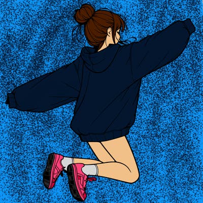 realistic girl jumping with a bun and oversized sweatshirt