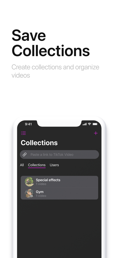 SnapTk Save Video from Links - SnapTk mobile app interface showing a list of organized video collections and a paste link field