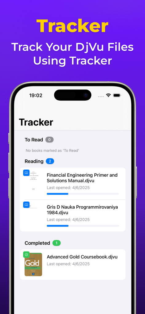 Una interfaz móvil de la aplicación DjVu Reader que muestra la función de seguimiento de documentos con categorías para por leer, leyendo y archivos académicos completados