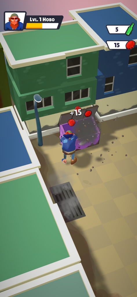 Street Dude - Homeless Empire - A level 1 character searching a purple dumpster for bottle caps in an urban city alleyway