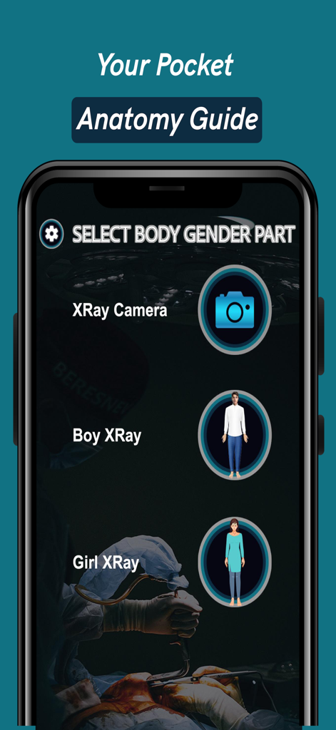 X-Ray Camera- X Ray Vision sca - Pantalla de selección de la aplicación Cámara de Rayos X con opciones para Cámara de Rayos X, Rayos X Niño y Rayos X Niña.