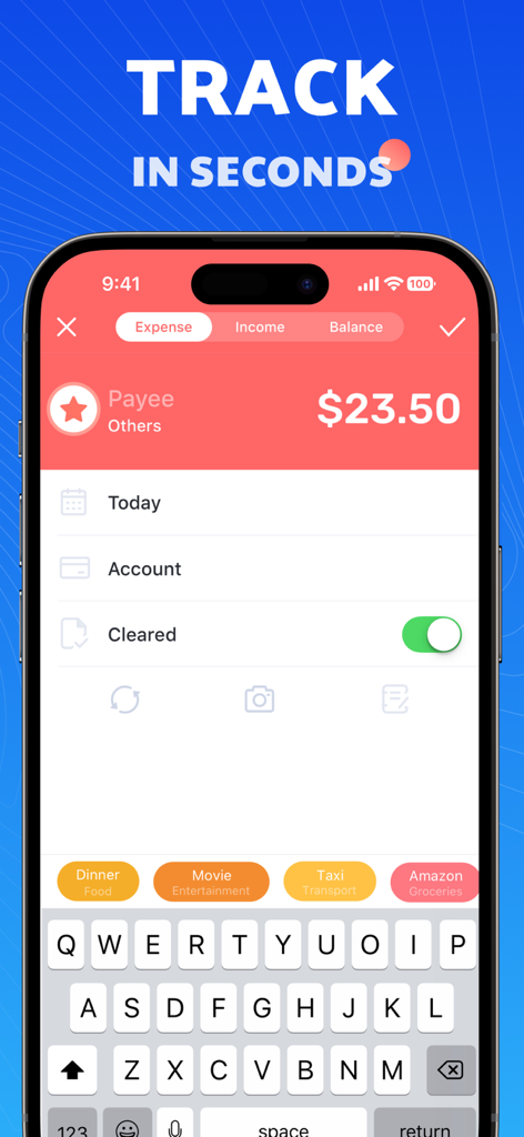 Pocket Expense 6 mobile app interface showing a quick transaction entry screen for tracking daily expenses