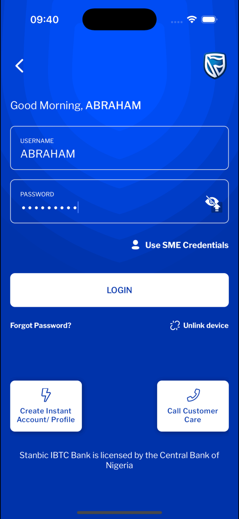 Stanbic IBTC Mobile 3.0 app login interface with username and password fields on a blue background