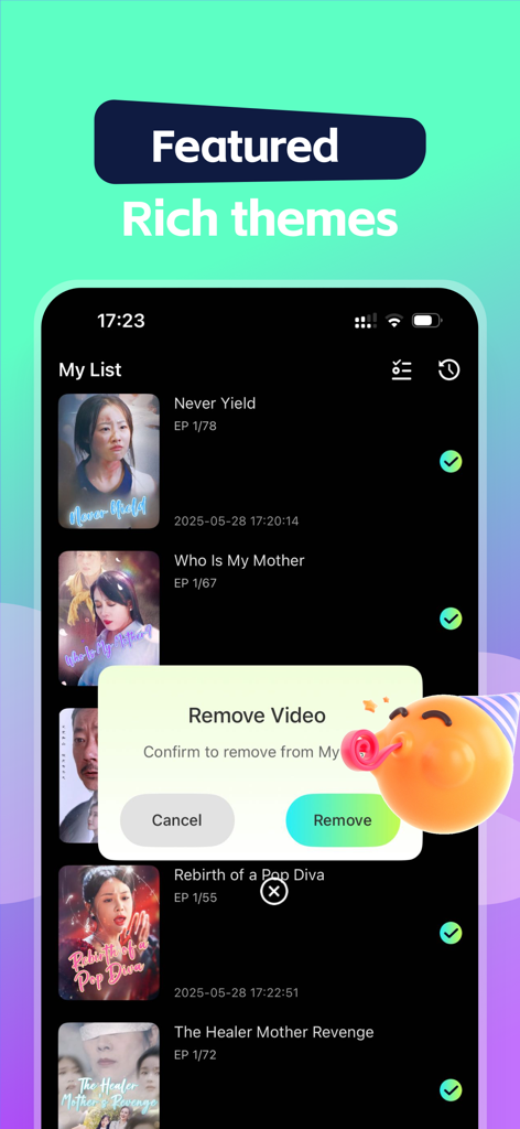 FlamShort - FlamShort app interface showing a list of short dramas and a remove video confirmation pop-up.