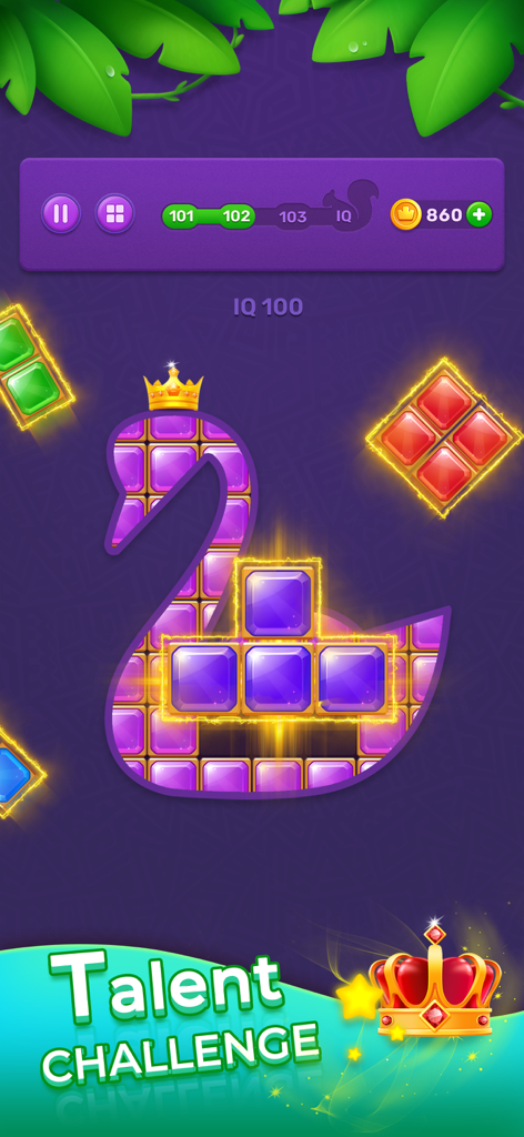 Un nivel de puzle de bloques con forma de cisne con gemas púrpuras brillantes y un banner de desafío de talentos
