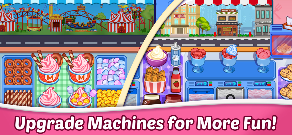 Ice Cream Fever : Cooking Game - A colorful split-screen view of different ice cream shops and dessert stations in a time-management cooking game with the text Upgrade Machines for More Fun