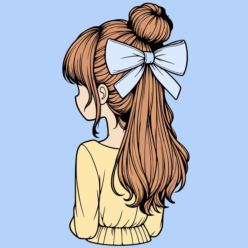 realistic girl  with hip length hair a bun and a big bow on the back of head