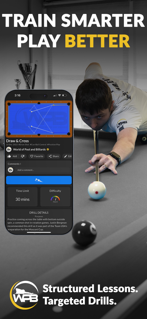 WPB: Pool Training & Drills - Smartphone mostrando ejercicios y lecciones de billar de la aplicación de entrenamiento WPB junto a un jugador de billar en una mesa de billar
