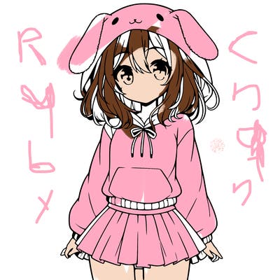 pretty anime girl wearing a fluffy hoodie with bunny ears on the hood and a skirt