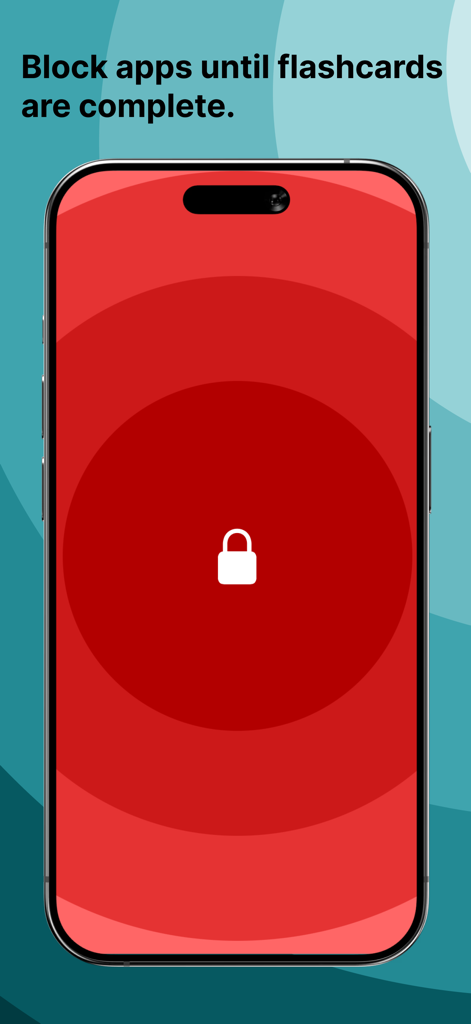 A smartphone screen showing a lock icon and the text block apps until flashcards are complete