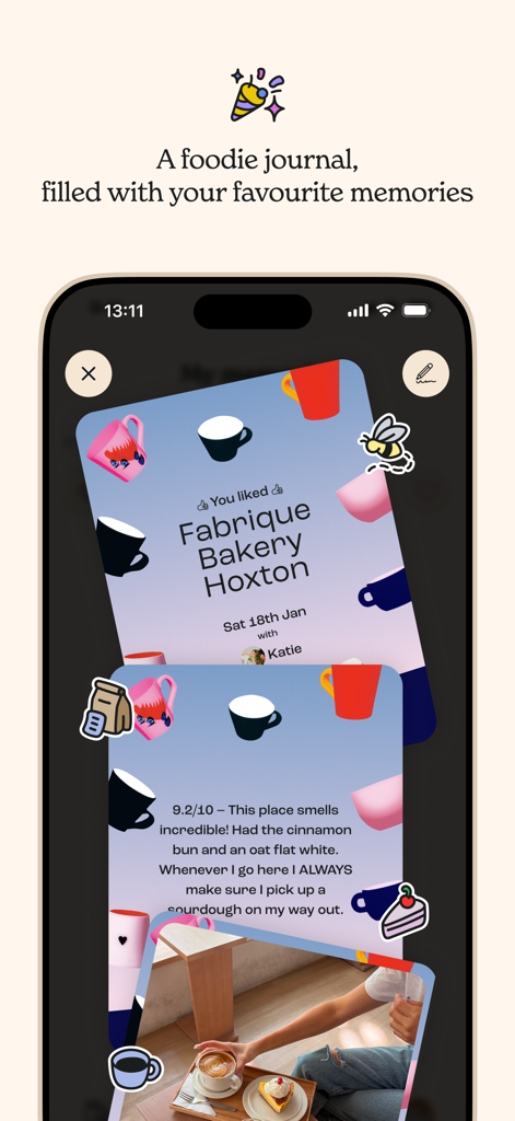 Appetite: Restaurant Tracking - A digital foodie journal entry in the Appetite app featuring a restaurant review for Fabrique Bakery with a personal photo and a 9.2 rating