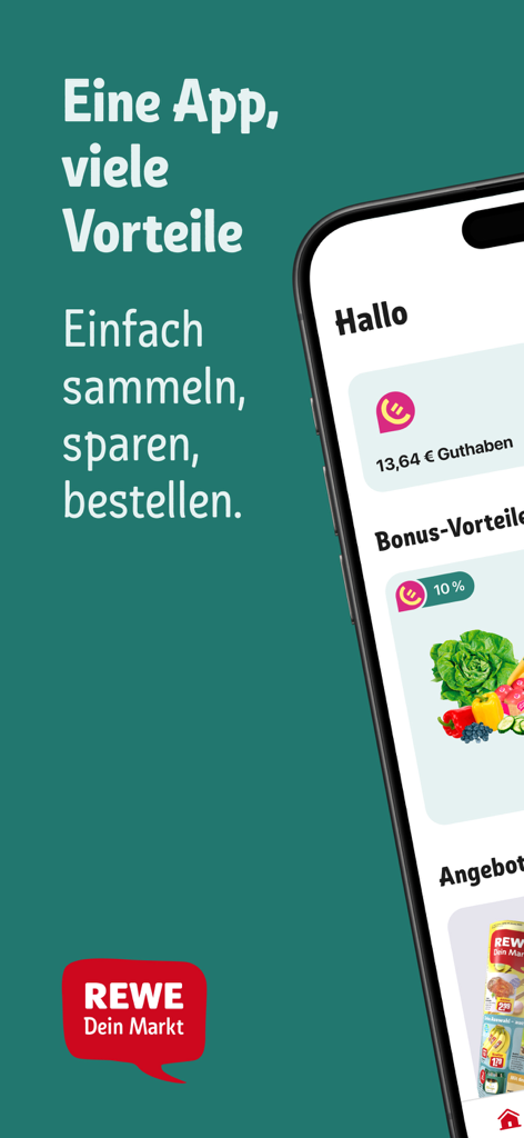 REWE supermarket app interface showing loyalty points credit and bonus offers