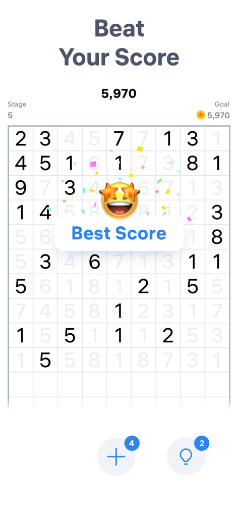 Number Match - Numbers Game - Uno screenshot del gioco Number Match che mostra un pop-up di punteggio migliore raggiunto sopra un tabellone di puzzle logico