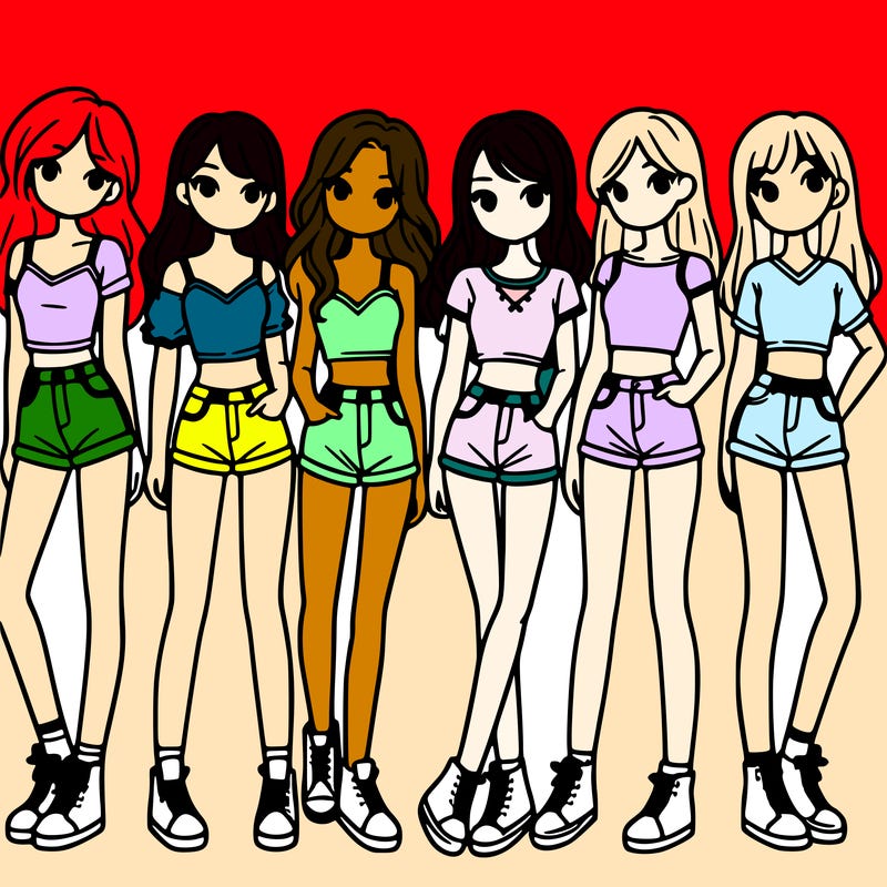 a group of girls wearing crop tops and shorts