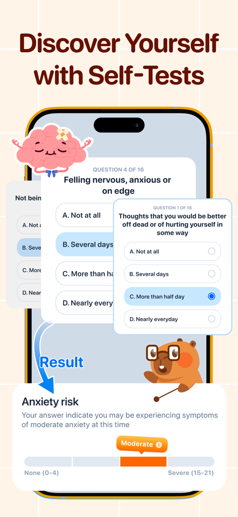 Capy: Self-Care Pet & Planner - Interface do aplicativo Capy mostrando auto-testes de saúde mental e resultados de avaliação de risco de ansiedade com um personagem capivara fofo.