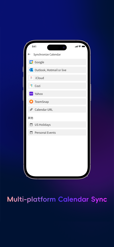 AiMOR app interface showing calendar synchronization options for Google Outlook iCloud and Cozi