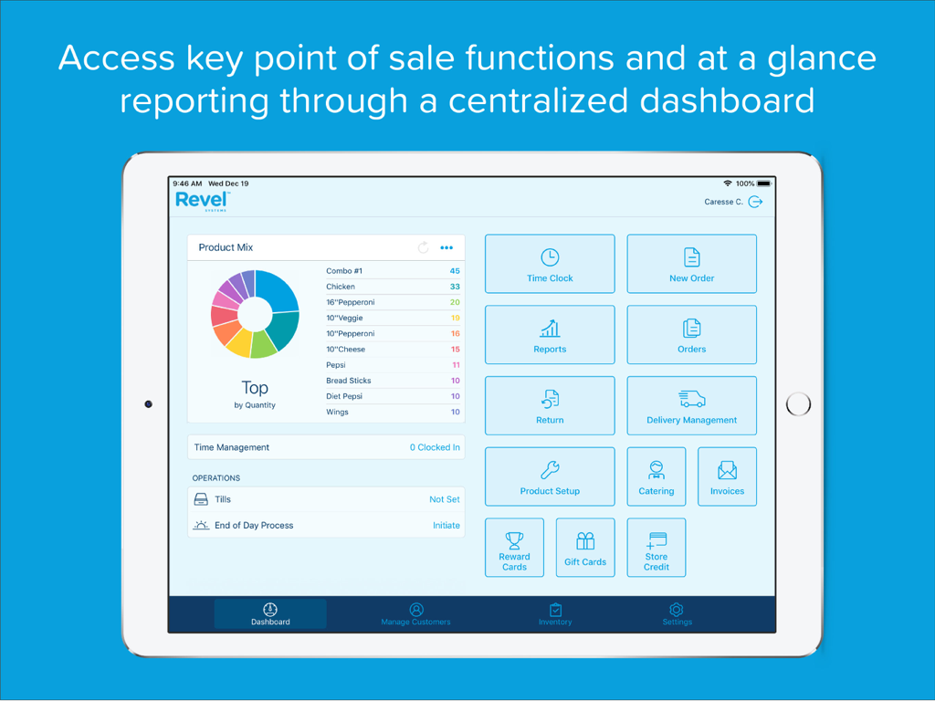 Revel POS - 2.79 - Revel POS centralized dashboard on an iPad displaying sales reporting and business management tools