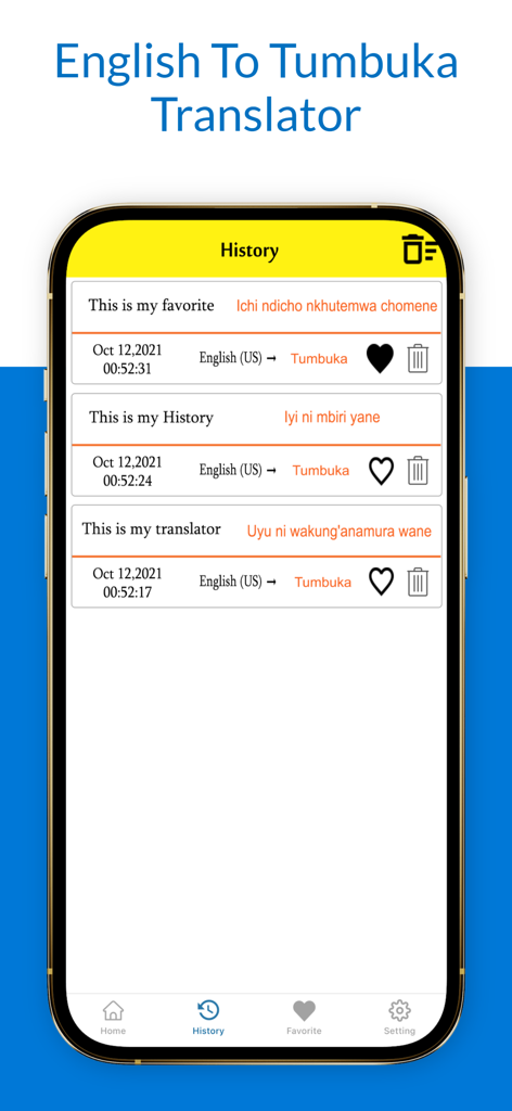 English To Tumbuka Translator - 英語からトゥンブカ語への翻訳アプリの翻訳履歴画面。最近翻訳されたフレーズが表示されています。